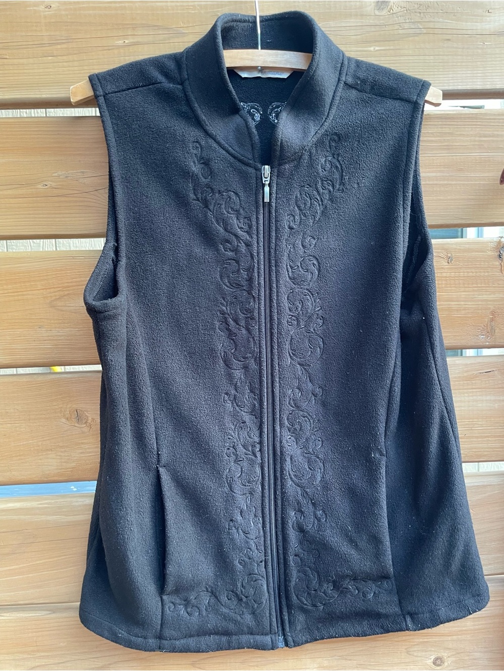 Vintage Women’s Black Embroidered Fleece Zip Vest - Classic Layering Piece